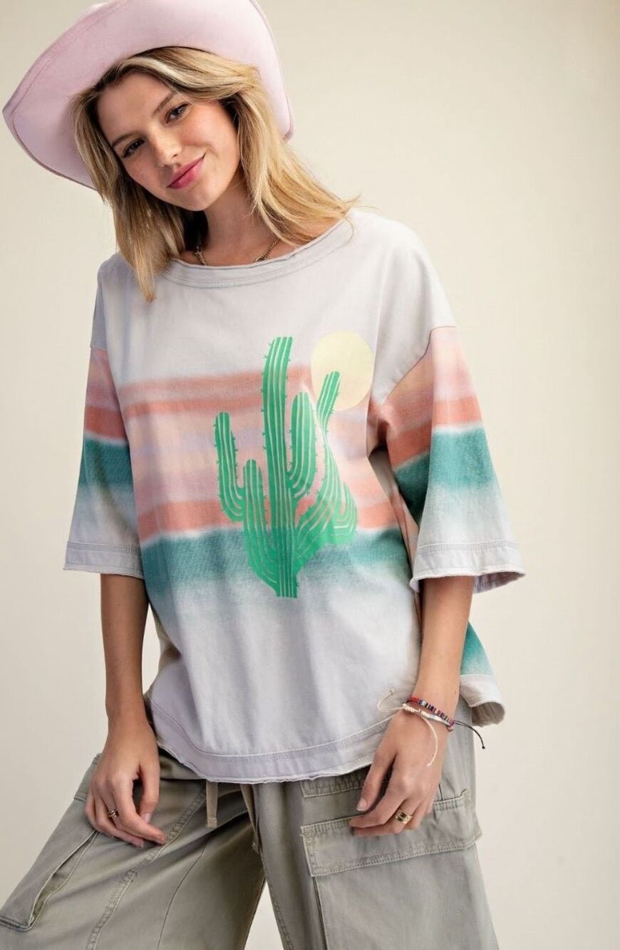 E1972. Easel Desert Cactus Oversized Graphic Cotton 3/4 Sleeve Pullover NWT